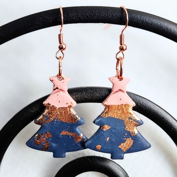 SD Handmade Polymer Clay Christmas Tree Earrings in Navy/Pink/Copper Colors - Picture 1 of 2